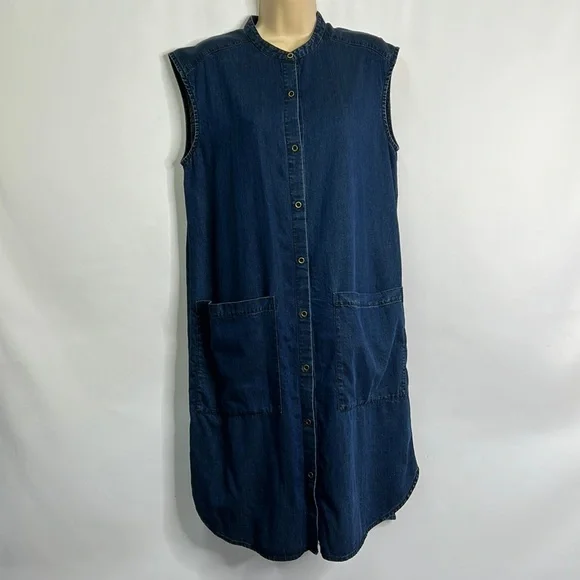 Eileen Fisher denim Tencel Lyocell cotton pocketed button down sleeveless dress - Picture 2 of 7